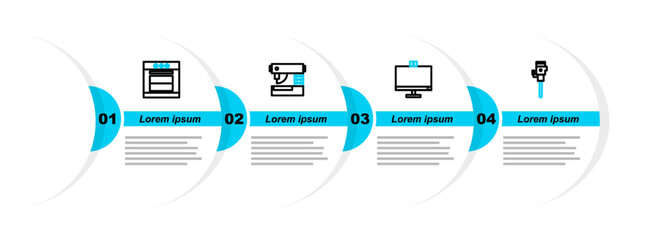 Wall Mural - Set line Construction jackhammer, Computer monitor, Sewing machine and Oven icon. Vector