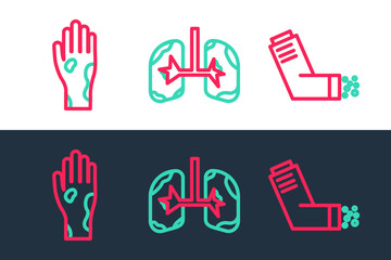 Sticker - Set line Inhaler, Hand with psoriasis or eczema and Lungs icon. Vector