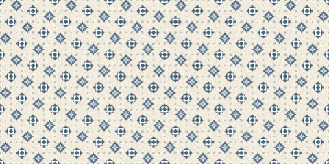 Wall Mural - French blue quilted printed fabric border pattern for shabby chic home decor trim. Rustic farm house country cottage flower linen endless tape. Patchwork quilt effect ribbon edge.