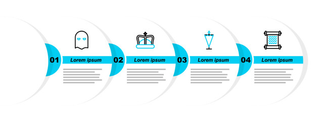 Sticker - Set line Decree, parchment, scroll, Medieval flag, King crown and Executioner mask icon. Vector