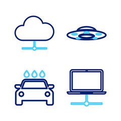 Sticker - Set line Computer network, Car wash, UFO flying spaceship and Network cloud connection icon. Vector