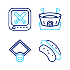 set line hotdog sandwich, baseball field, arena and monitor with baseball game icon. vector