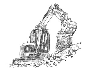 Illustration of a big excavator dredging the ground, hand drawn vector sketch