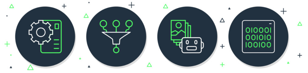 Set line Funnel or filter, Artificial intelligence robot, Neural network and Binary code icon. Vector