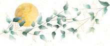 Art Background With Leaves On A Branch In A Watercolor Style And A Gold Line. Botanical Banner With Tropical Plants For Decor, Print, Textile, Wallpaper, Packaging, Interior Design.
