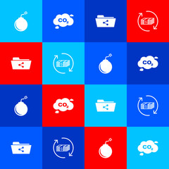 Sticker - Set Bomb ready to explode, CO2 emissions in cloud, Share folder and Refund money icon. Vector