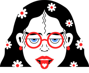 Wall Mural - Hippie stylish girl in glasses with flowers in curly haircut and with heart on tongue vector illustration for beauty salon banner