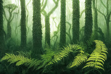 Prehistoric Antediluvian Forest Landscape With Primitive Trees And Ferns. Digital 3D Illustration.