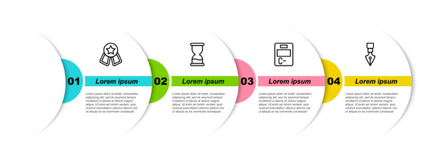 Poster - Set line Medal with star, Old hourglass, Exam paper incorrect answers and Fountain pen nib. Business infographic template. Vector