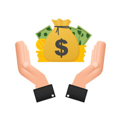 Sticker - Hand with money bag bill and coin finance icons. Business financial investment. Vector background.