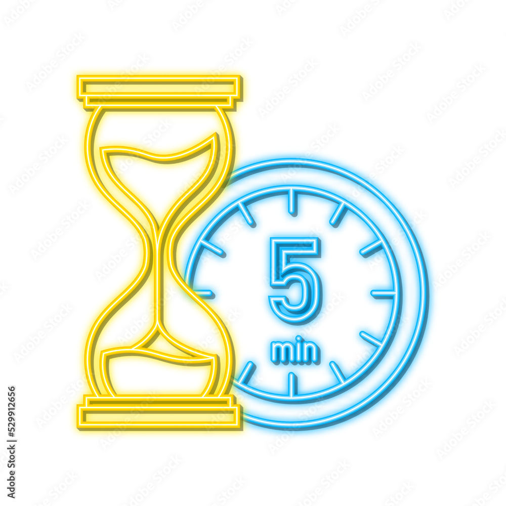 The 5 minutes, stopwatch vector neon icon. Stopwatch icon in flat style, timer on on color background. Vector illustration