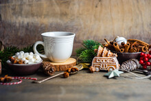 Christmas Holiday Decorations Near Mug With Hot Chocolate