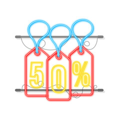 Poster - 50 percent OFF Sale Discount neon tag. Discount offer price tag. 50 percent discount promotion flat icon with long shadow. Vector illustration