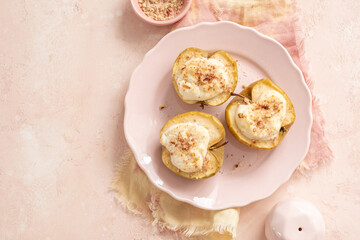 Wall Mural - Delicious grilled pears baked with ricotta cheese and walnuts. honey topping. Healthy sweet dessert