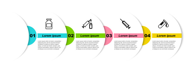 Sticker - Set line Medicine bottle, Medical syringe and vial, Syringe and Test tube with drop of blood. Business infographic template. Vector