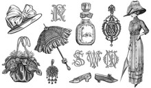Vintage Fashion Engraving. Monogram Letters. Victorian Woman