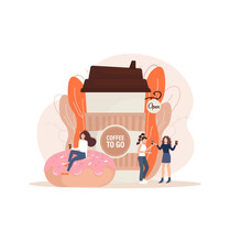 Flat Illustration With Coffee To Go People. Cartoon People Illustration. Characters With Drink In Paper Cup. Shop, Drink, Coffee To Go Concept.