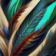 Illustration with feather pattern in blue, green and copper colours and texture.  Created with generative ai technology