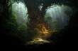 © MiaStendal - Dark dense forest the sun's rays pass through the trees, shadows. Big old tree in the center. Beautiful forest fantasy landscape. unreal world. Mysterious forest. 3D illustration.