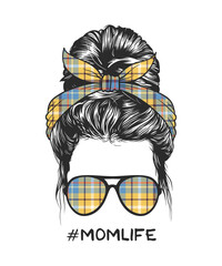 Woman messy bun hairstyle with nice square pattern headband and glasses illustration