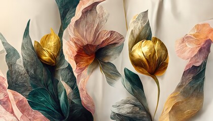 Wall Mural - textured abstract watercolor flowers with a golden sheen. an elegant flower card or banner template 