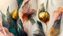 Textured Abstract Watercolor Flowers With A Golden Sheen. An Elegant Flower Card Or Banner Template With Space For Text. 3D Illustration