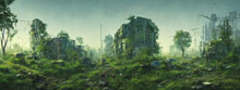 Post-apocalyptic City, Dystopic Overgrown Buildings, Banner Format, Digital Painting