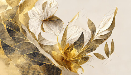 Wall Mural - textured abstract watercolor flowers with a golden sheen. an elegant flower card or banner template 