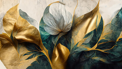 Wall Mural - textured abstract watercolor flowers with a golden sheen. an elegant flower card or banner template 