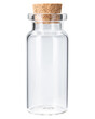 Bottle with cork stopper. Clear, empty, small, mini glass jar bottle with cork stopper or cap for art and craft projects. Close-up macro high quality and resolution photo. Isolated white background.