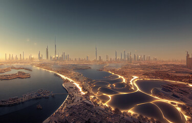 Aerial view of Dubai city in sunset light. 