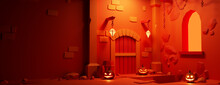 Halloween Carved Pumpkins With Doorway, In A Fun Medieval Castle At Night. Halloween Background With Copy-space.