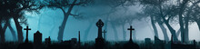 Creepy Churchyard At Night. Pale Blue Halloween Background With Tombstones And Trees.