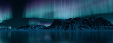Winter Mountains With Aurora Lights. Blue Sky Background With Copy-space.