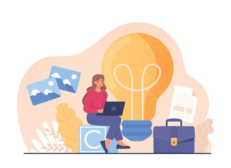 Copyright protection concept. Girl sitting with laptop in background of light bulb. Law, protection of intellectual property on Internet. Talented author, copywriter. Cartoon flat vector illustration