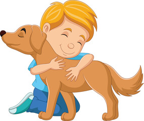 Wall Mural - cartoon boy hugging his dog