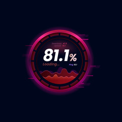Poster - Internet data download or upload speed meter futuristic dial. Network or web bandwidth level round indicator, WI-FI signal strength test app interface vector icon or display with ping and loading data