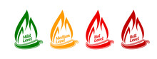 Spicy Level Labels With Flames And Hot Chili Peppers. Vector Food, Chilli Sauce Or Spice Scale From Extra Hot, Medium To Mild Levels. Red Chili Or Cayenne, Yellow Habanero And Green Jalapeno With Fire