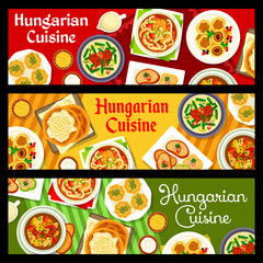 Sticker - Hungarian cuisine banners. Bell pepper fish soup, pork stew with green beans and vegetable beef goulash, egg pate, bryndza stuffed peppers and Langos flatbread with sour cream, cheese stuffed apricots