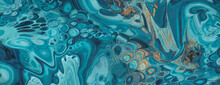 Beautiful Teal And Blue Paint Swirls With Gold Glitter. Luxurious Design Banner.