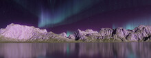 Majestic Sky With Aurora And Stars. Purple Northern Lights Banner With Copy-space.