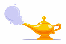 Magic Golden Lamp With Genie From Arabian Night. Flat Vector Illustration.