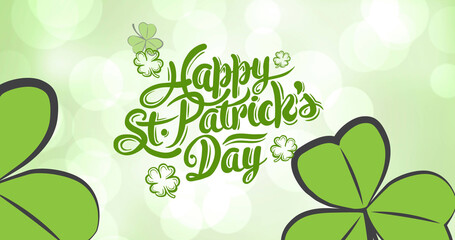 Wall Mural - image of happy st patrick's day text and clover leaves over white spot lights on green