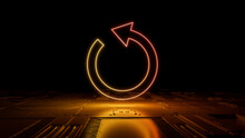 Orange And Yellow Reload Technology Concept With Refresh Symbol As A Neon Light. Vibrant Colored Icon, On A Black Background With High Tech Floor. 3D Render