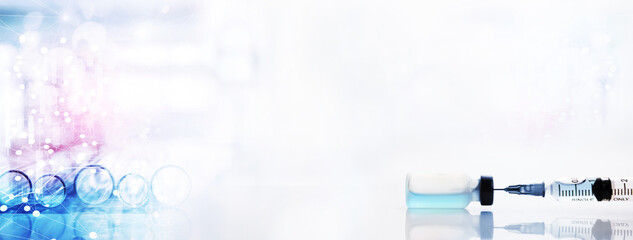 Wall Mural - glass flask and beaker with orange drop solution in chemistry science research lab white banner back
