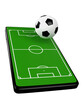 © littlestocker - Football online application on smartphone. Soccer fields screen mobile phone. football news concept. sport channel. 3d rendering.