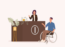 Smiling Female Receptionist And Disabled Man With Wheelchair At Information Counter. Full Length. Flat Design Style, Character, Cartoon.
