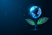Futuristic Glowing Low Polygonal Plant With Planet Earth Globe As A Flower On Dark Blue Background. 