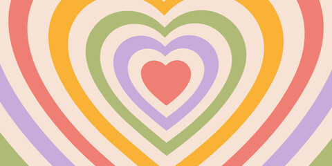 Wall Mural - Retro horizontal background of heart shaped tunnel. Rainbow  romantic pattern in style 60s, 70s. Pastel colors