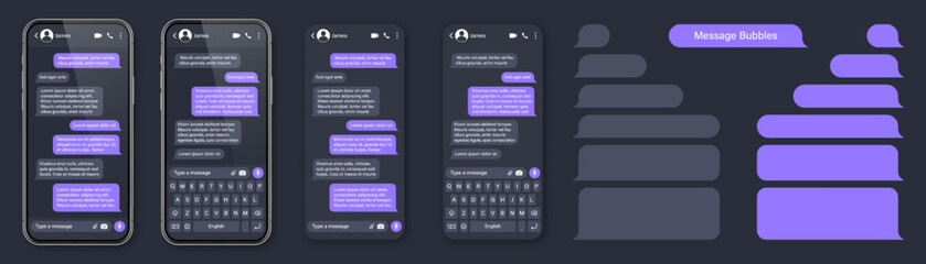 Realistic smartphone with messaging app. SMS text frame. Conversation chat screen with violet message bubbles and placeholder text. Social media application. Vector illustration.